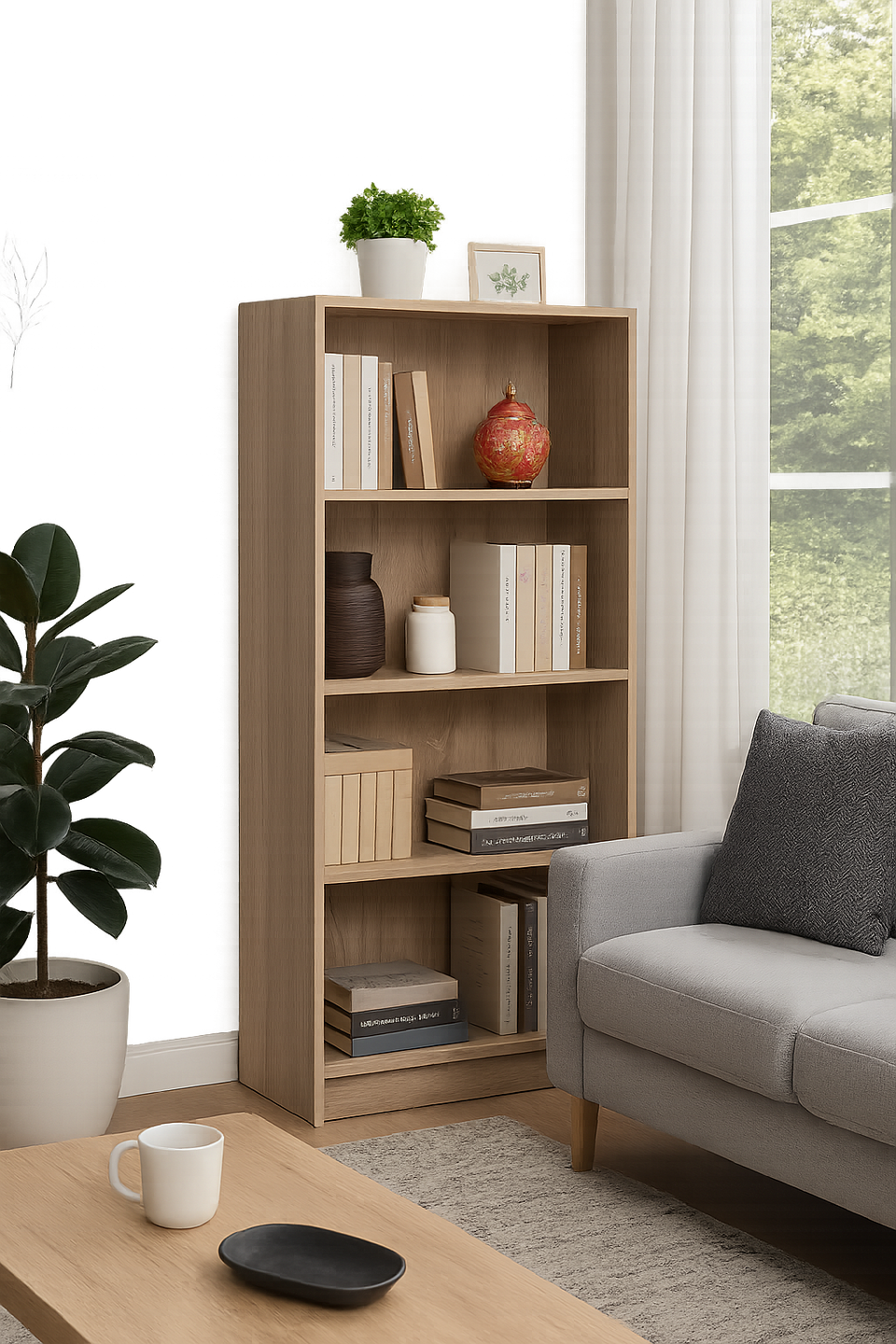 Tall Sonoma Oak Bookcase – 4 Adjustable Shelves for Home Storage