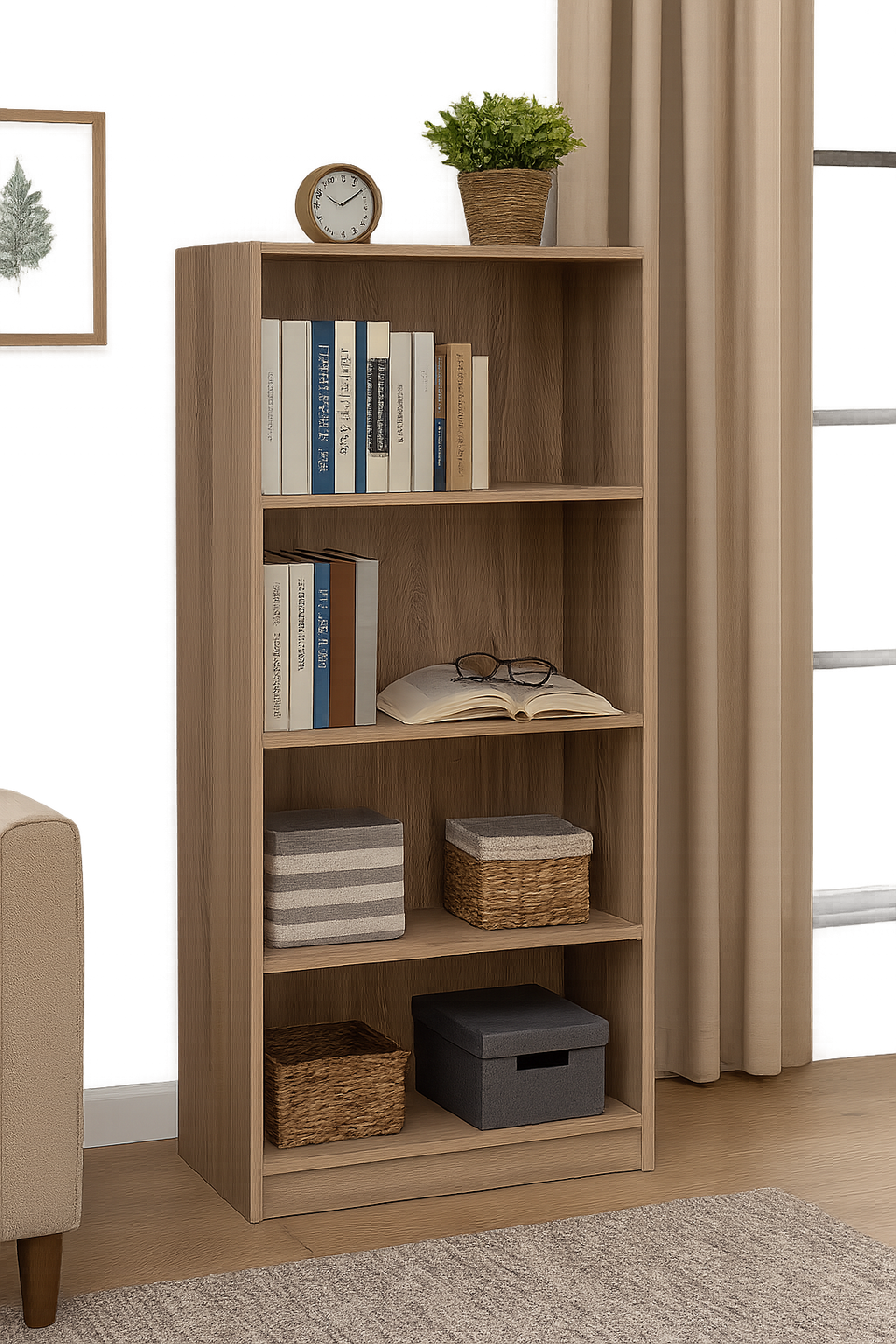 Tall Sonoma Oak Bookcase – 4 Adjustable Shelves for Home Storage