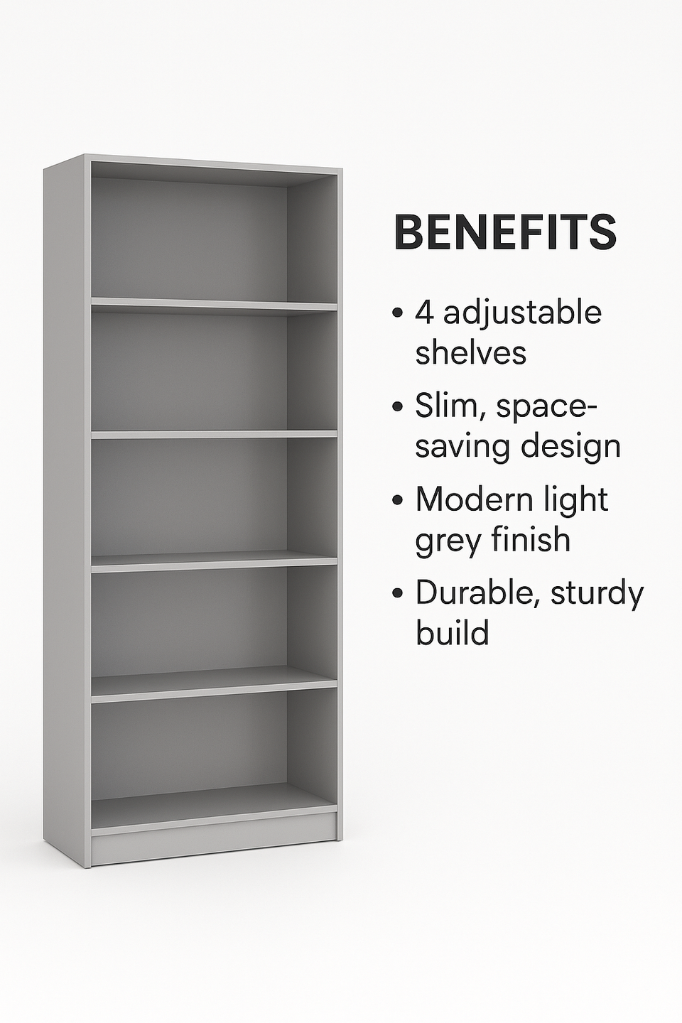 Tall Light Grey Bookcase – 4 Adjustable Shelves for Home Storage