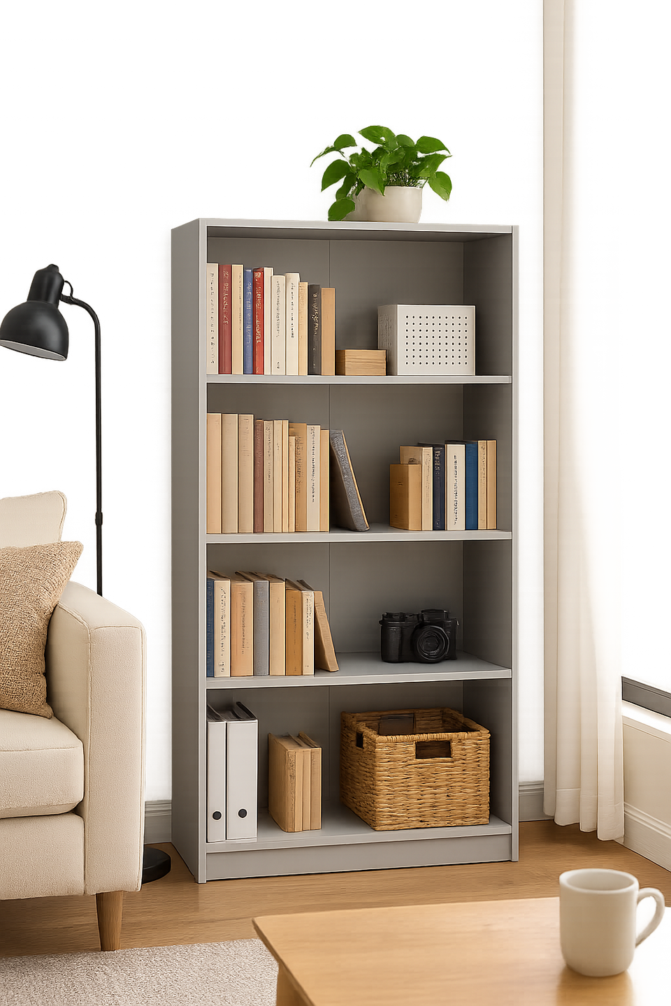 Tall Light Grey Bookcase – 4 Adjustable Shelves for Home Storage