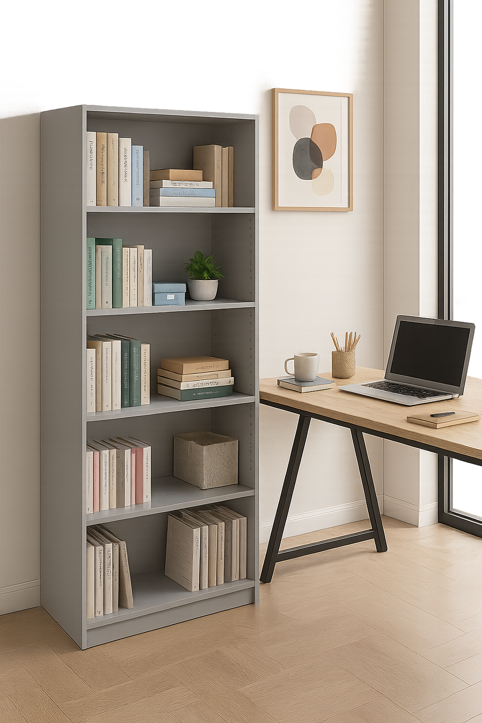 Tall Light Grey Bookcase – 4 Adjustable Shelves for Home Storage