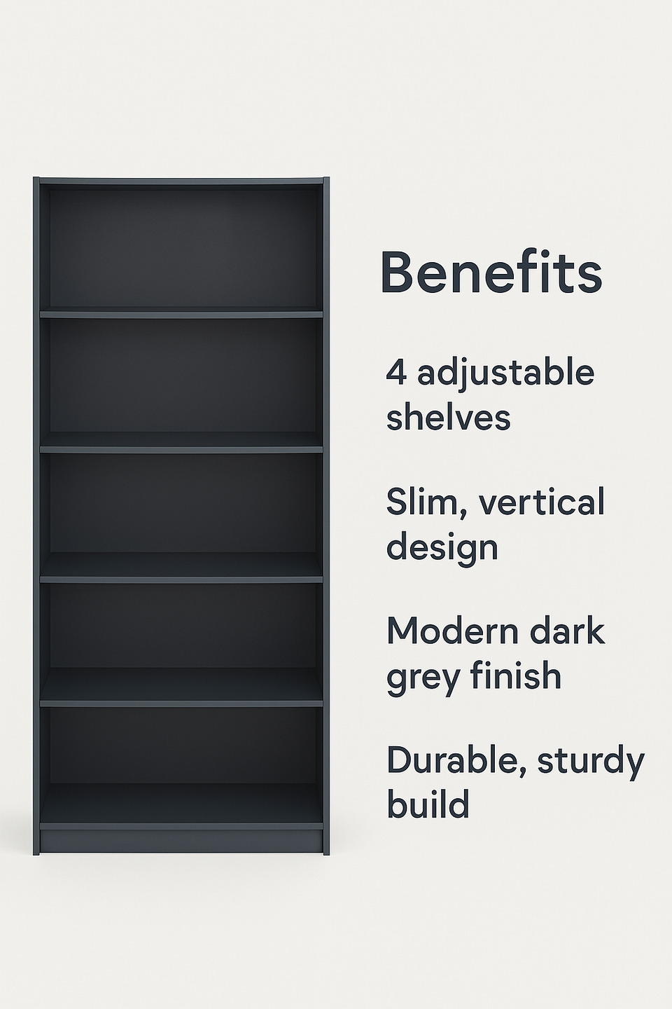 Tall Dark Grey Bookcase – 4 Adjustable Shelves for Home Storage