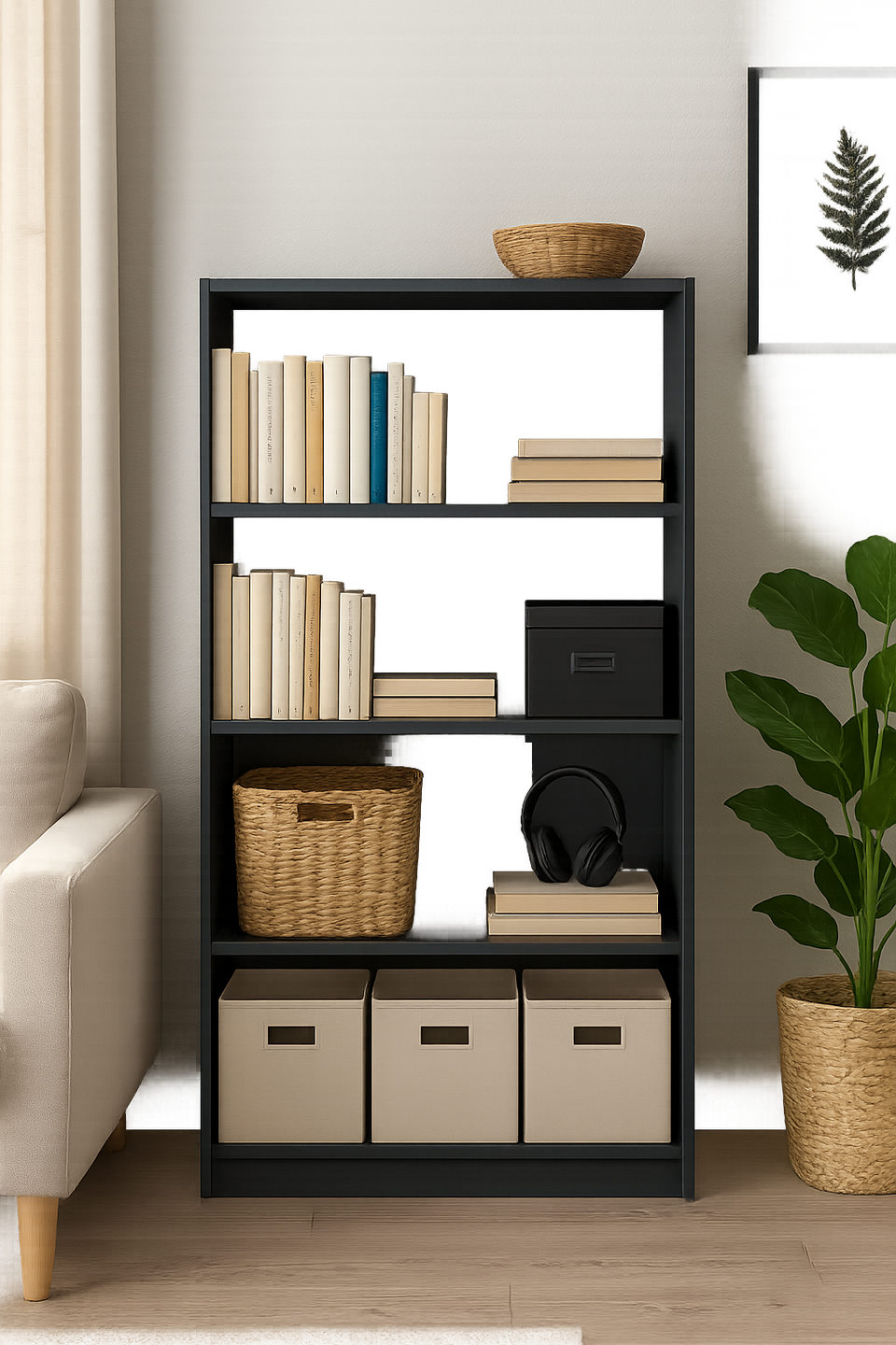 Tall Dark Grey Bookcase – 4 Adjustable Shelves for Home Storage