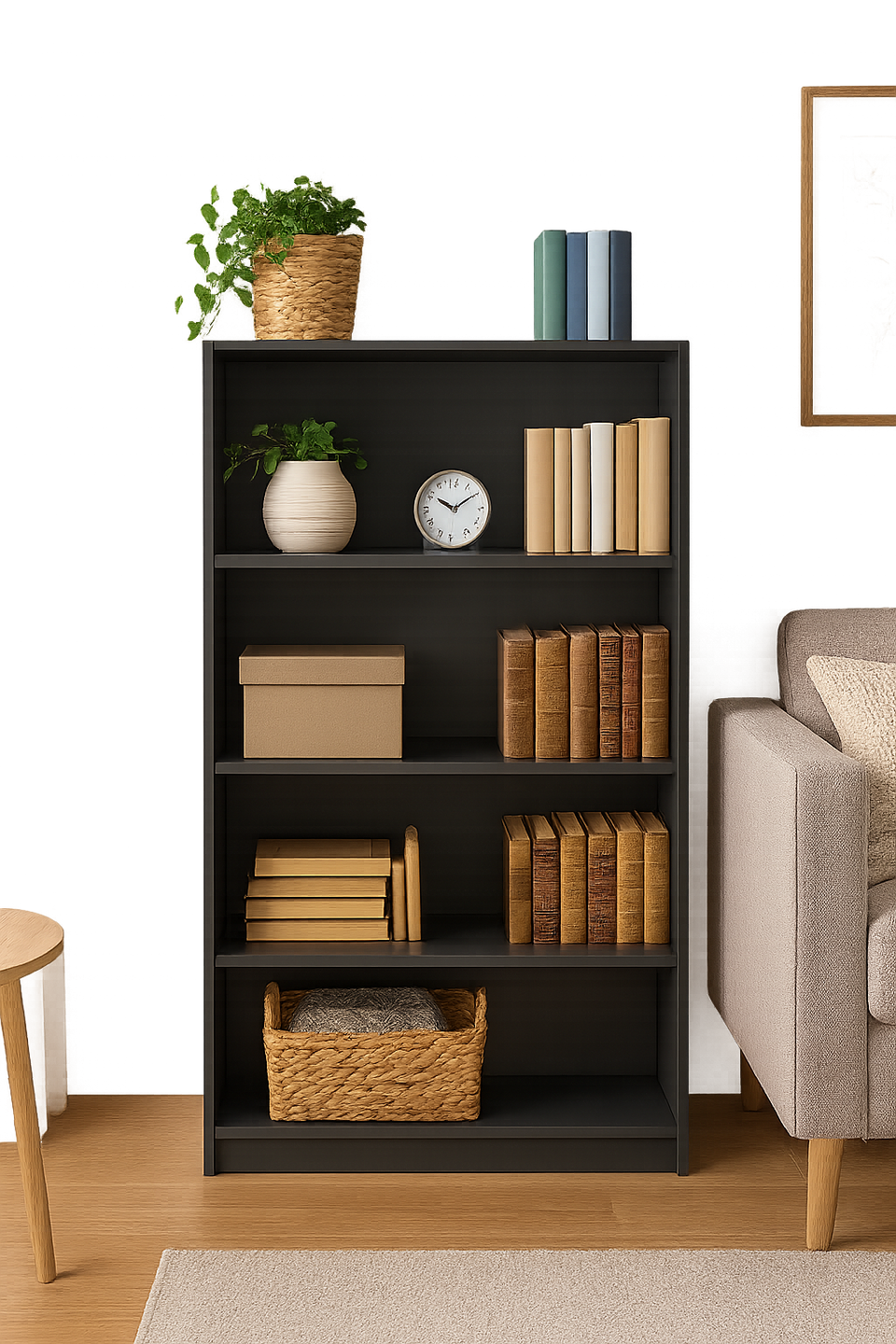 Tall Dark Grey Bookcase – 4 Adjustable Shelves for Home Storage
