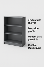 Dark grey Lavish Kitchen Isle bookcase with three adjustable shelves, modern design, ideal for storage and organization.