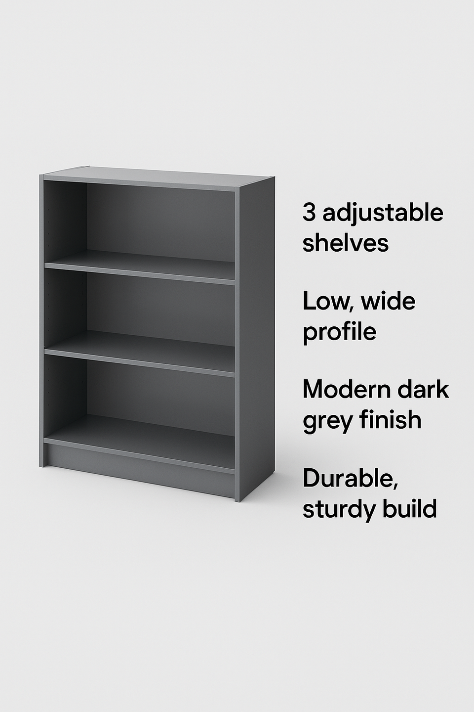 Low Wide Dark Grey Bookcase – 3 Adjustable Shelves for Storage