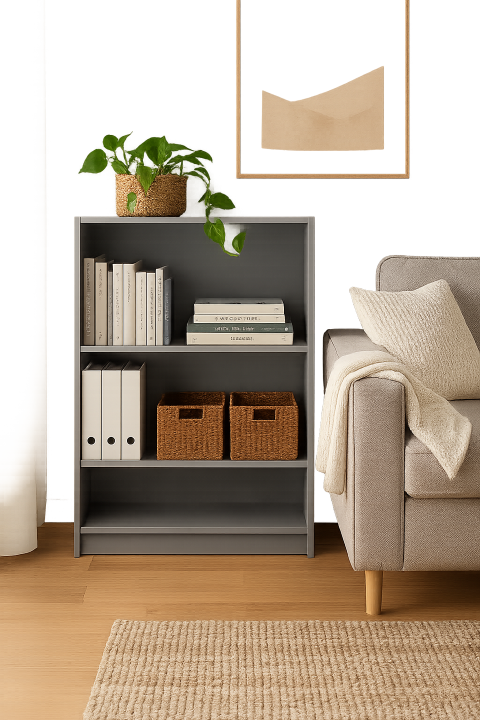 Low Wide Dark Grey Bookcase – 3 Adjustable Shelves for Storage