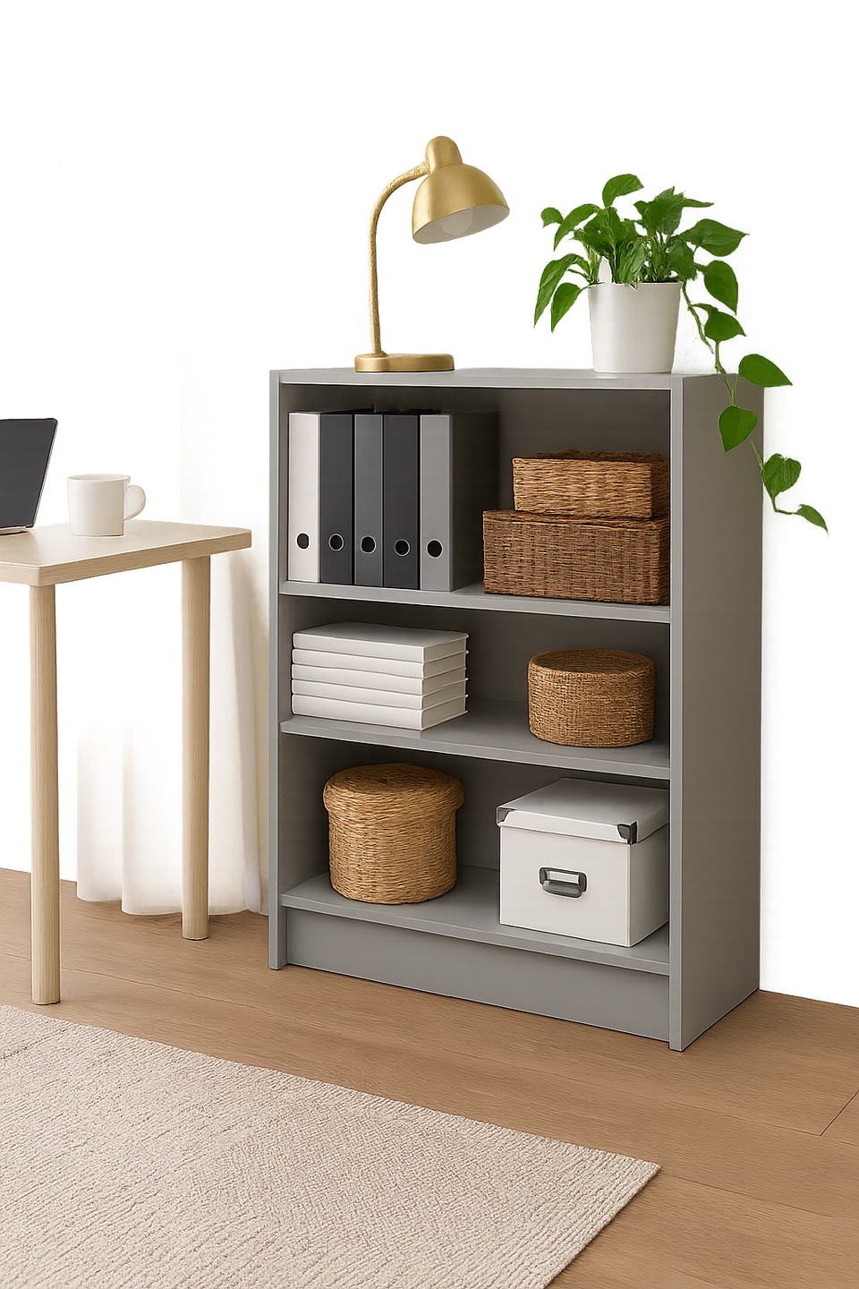 Low Wide Dark Grey Bookcase – 3 Adjustable Shelves for Storage