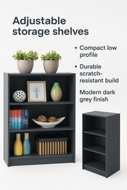 Low Wide Dark Grey Bookcase – 3 Adjustable Shelves for Storage - Lavish Kitchen Isle