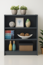 Low Wide Dark Grey Bookcase – 3 Adjustable Shelves for Storage - Lavish Kitchen Isle