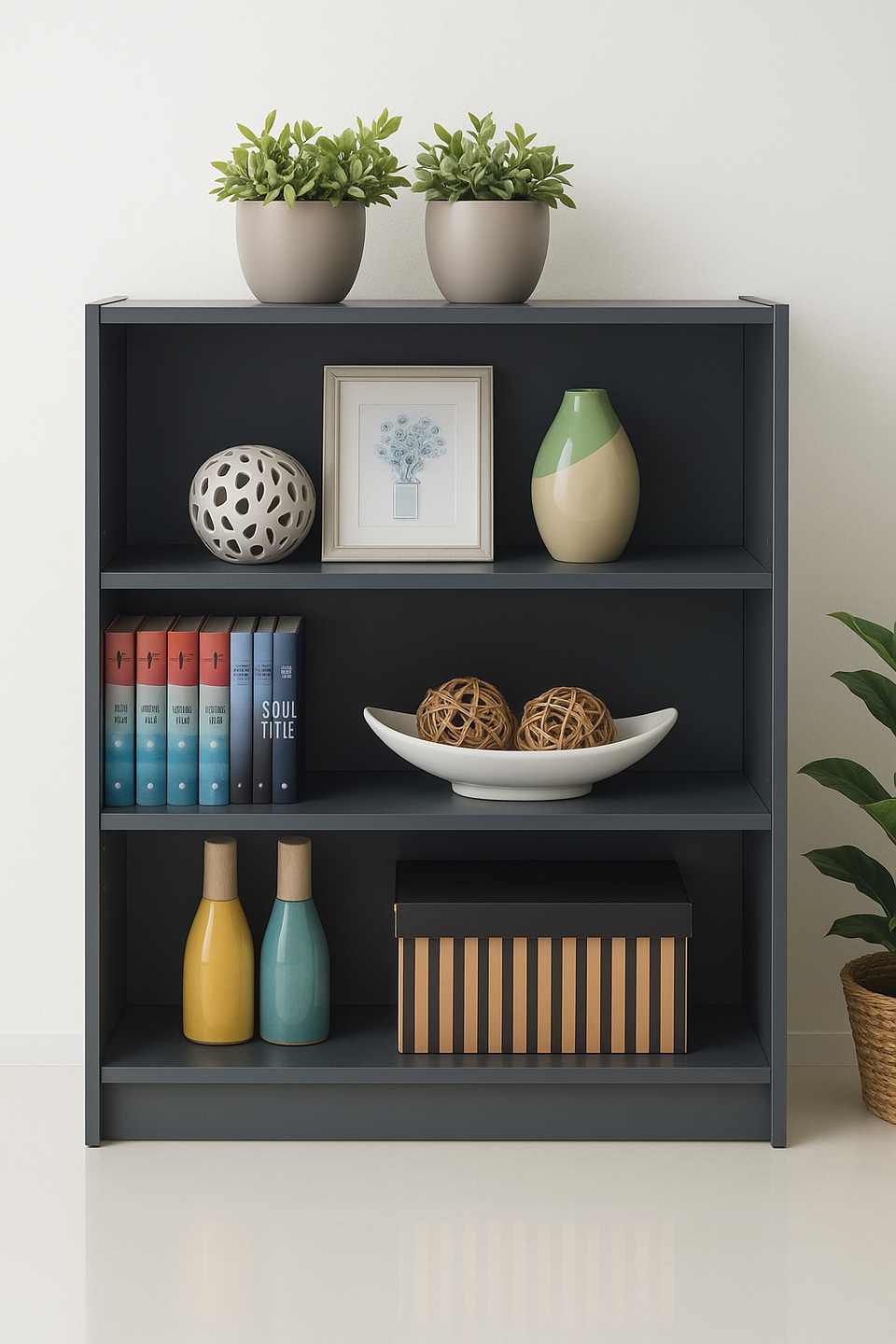 Low Wide Dark Grey Bookcase – 3 Adjustable Shelves for Storage