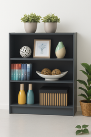 Lavish Kitchen Isle low wide grey bookcase with three adjustable shelves for versatile storage and organization.