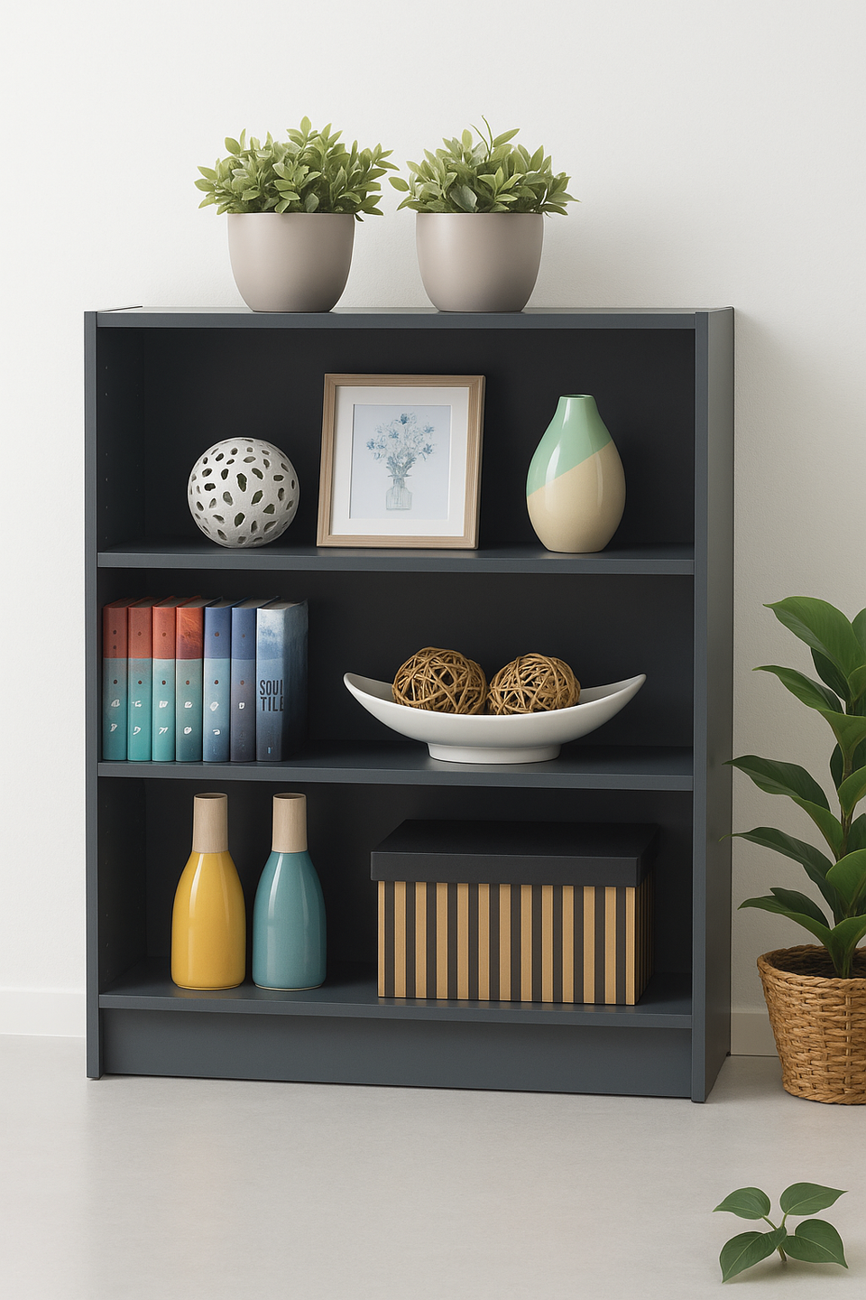 Low Wide Dark Grey Bookcase – 3 Adjustable Shelves for Storage