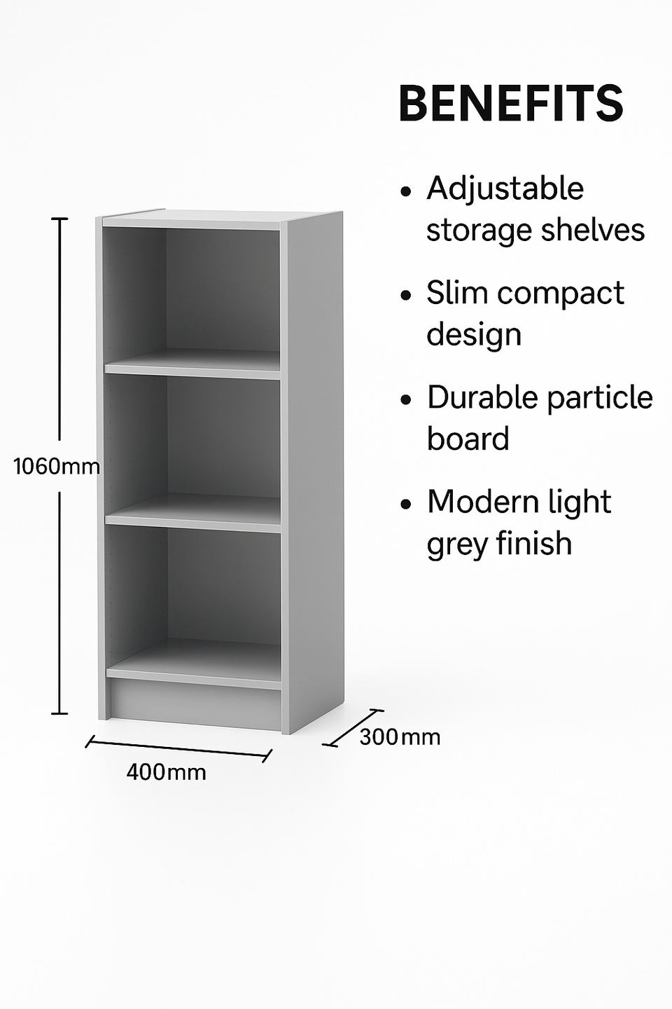 Medium Light Grey Bookcase – 3 Adjustable Shelves for Home and Office