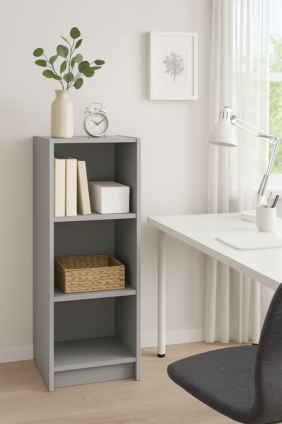 Medium Light Grey Bookcase – 3 Adjustable Shelves for Home and Office