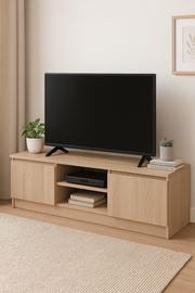 Lavish Kitchen Isle Sonoma Oak TV cabinet with two doors and open shelves, modern media storage unit for living room.