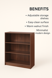 Walnut low wide bookcase with three adjustable shelves, modern storage unit by Lavish Kitchen Isle, featuring clean lines and ample storage.