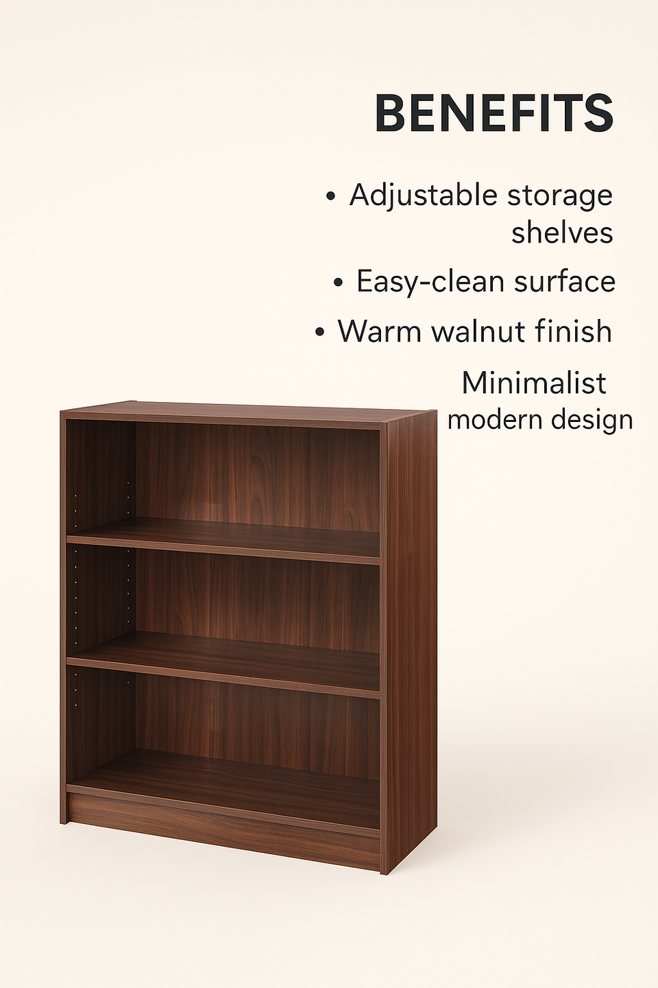 Lavish Kitchen Isle walnut low wide bookcase with 3 adjustable shelves, modern storage unit for home organization.