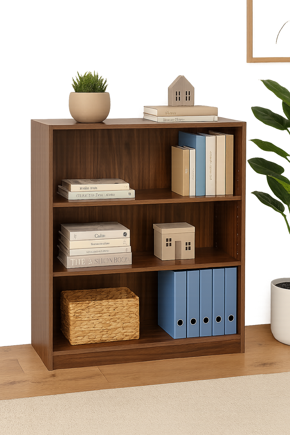 Low Wide Walnut Bookcase with 3 Adjustable Shelves – Modern Storage Unit