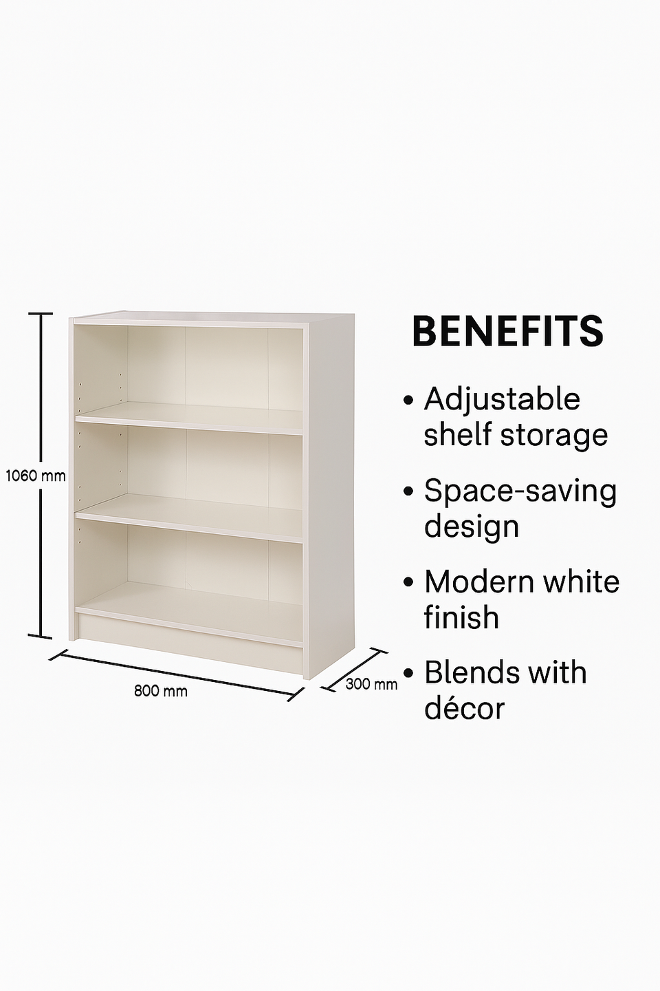 Low Wide White Bookcase with 3 Adjustable Shelves – Modern Storage Unit