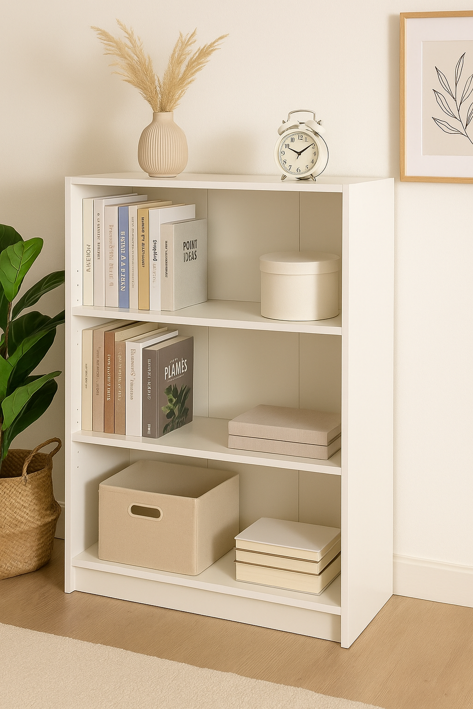 Modern Lavish Kitchen Isle low wide bookcase with three adjustable shelves in a living room setting.