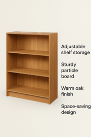 Modern oak bookcase with three adjustable shelves, crafted by Lavish Kitchen Isle for versatile storage and stylish organization.