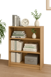 Modern Lavish Kitchen Isle low wide oak bookcase with 3 adjustable shelves in a living room setting.