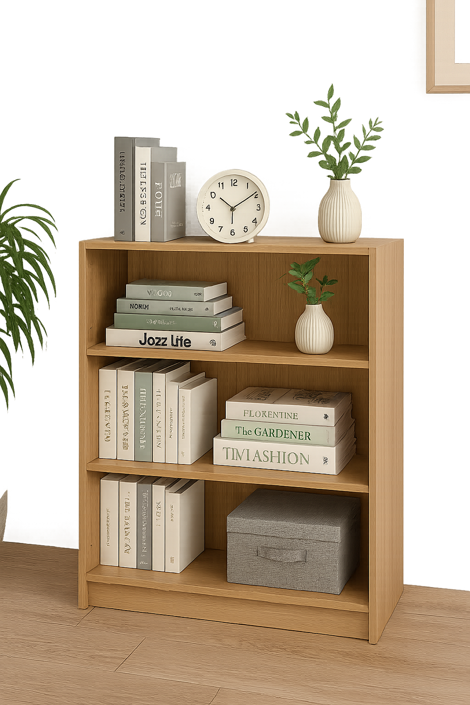 Low Wide Oak Bookcase with 3 Adjustable Shelves – Modern Storage Unit