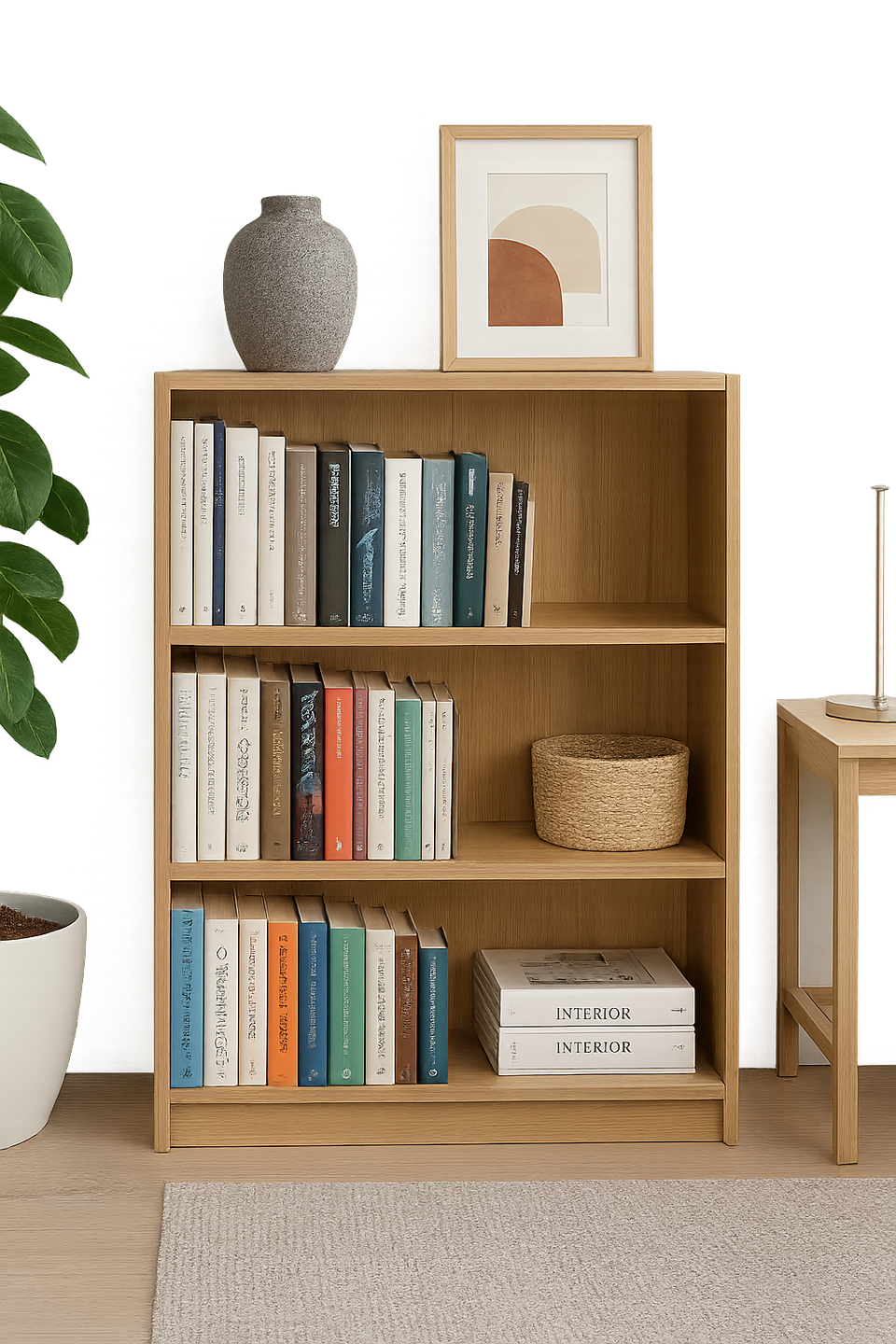 Low Wide Oak Bookcase with 3 Adjustable Shelves – Modern Storage Unit