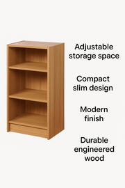 Narrow Oak Bookcase with 3 Adjustable Shelves – Compact Storage Unit - Lavish Kitchen Isle