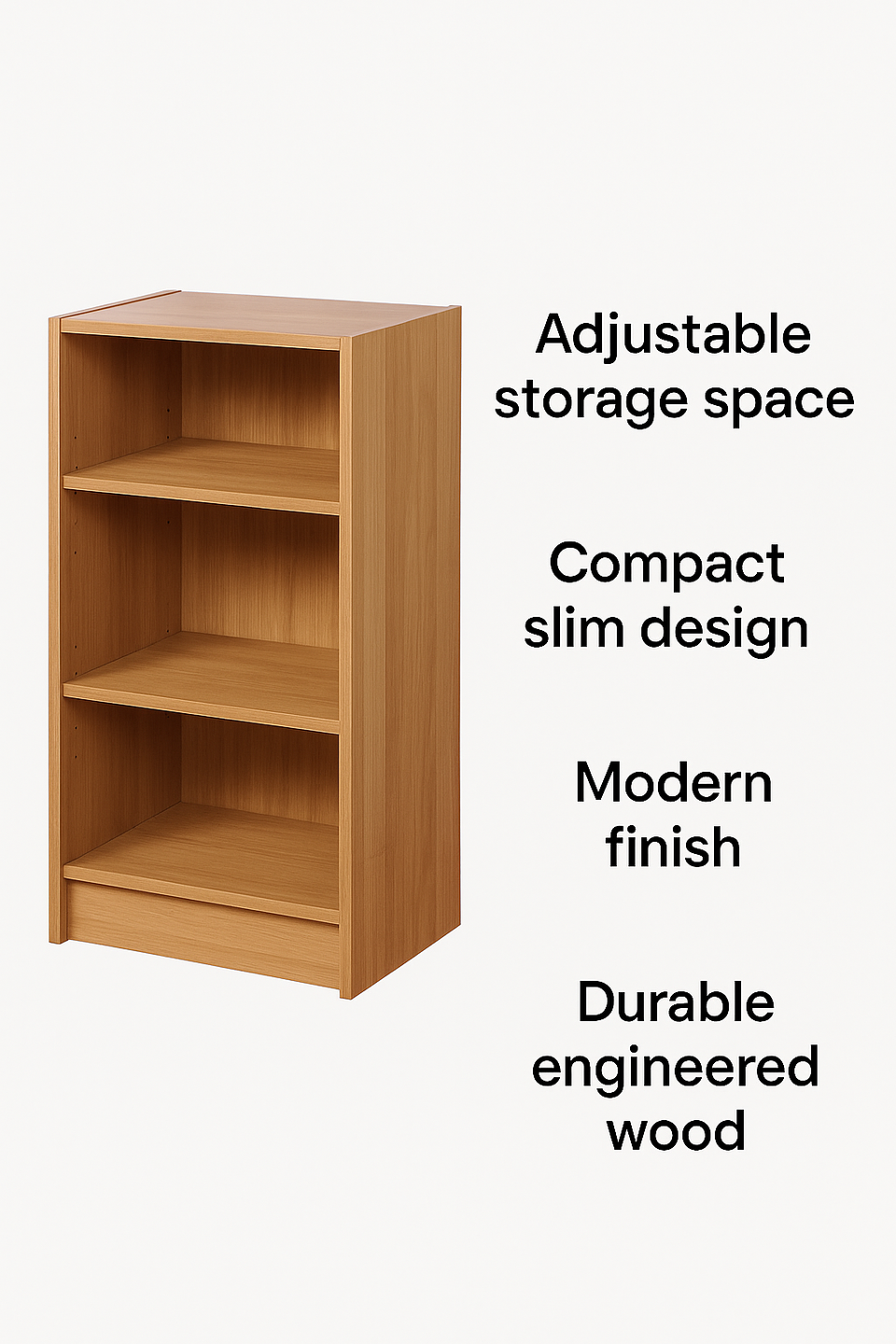 Narrow Oak Bookcase with 3 Adjustable Shelves – Compact Storage Unit