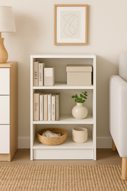Narrow white Lavish Kitchen Isle bookcase with three adjustable shelves, modern storage unit for home organization