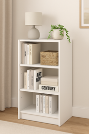 Narrow white Lavish Kitchen Isle bookcase with three adjustable shelves, modern storage unit for home or office organization.