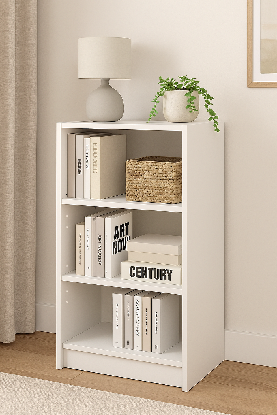 Narrow White Bookcase with 3 Adjustable Shelves – Modern Storage Unit