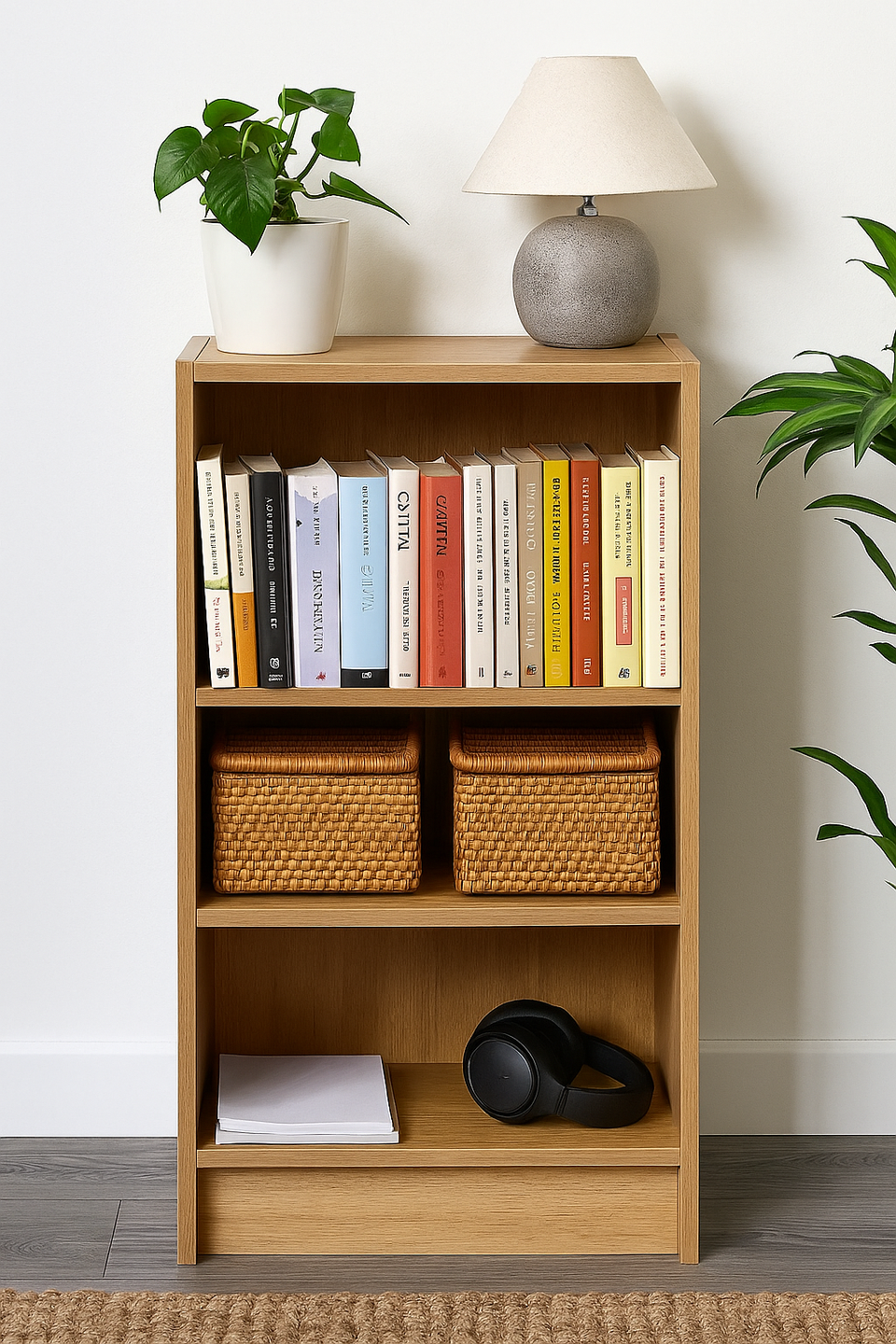 Narrow Oak Bookcase with 3 Adjustable Shelves – Compact Storage Unit