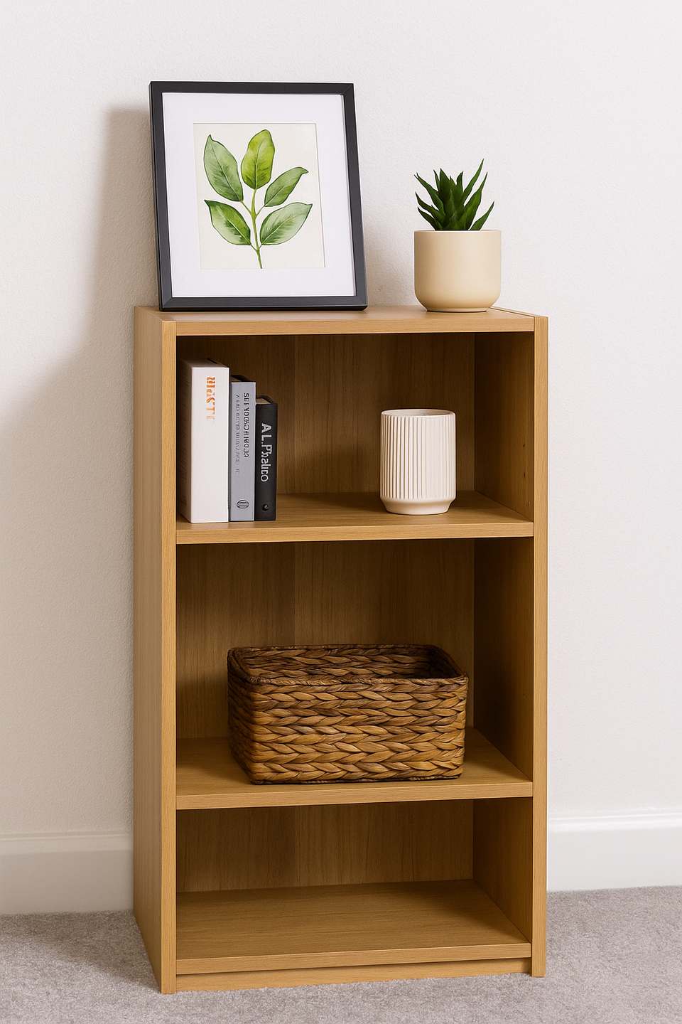 Narrow Oak Bookcase with 3 Adjustable Shelves – Compact Storage Unit