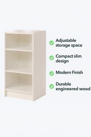 Modern white narrow bookcase with three adjustable shelves from Lavish Kitchen Isle, ideal for stylish storage and organization.