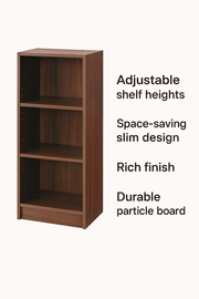 Medium Narrow Walnut Bookcase with 3 Adjustable Shelves – Slim Storage Unit