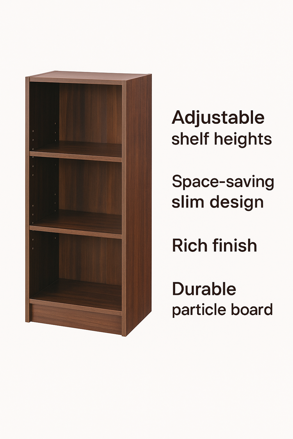 Medium Narrow Walnut Bookcase with 3 Adjustable Shelves – Slim Storage Unit
