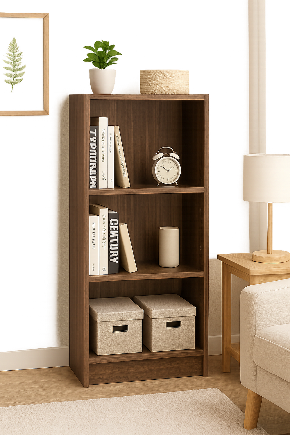 Medium Narrow Walnut Bookcase with 3 Adjustable Shelves – Slim Storage Unit