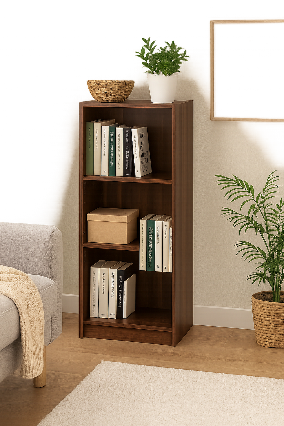 Medium Narrow Walnut Bookcase with 3 Adjustable Shelves – Slim Storage Unit