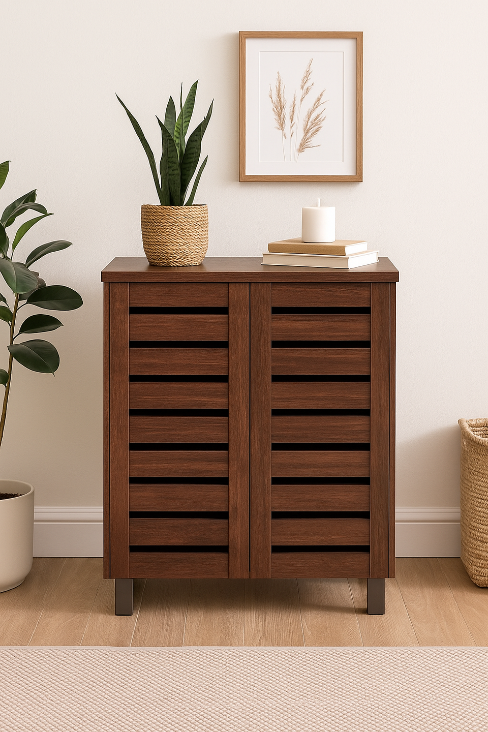 Dirty Oak 2-Door Shoe Cabinet – Stores Up to 10 Pairs with Fixed Shelves