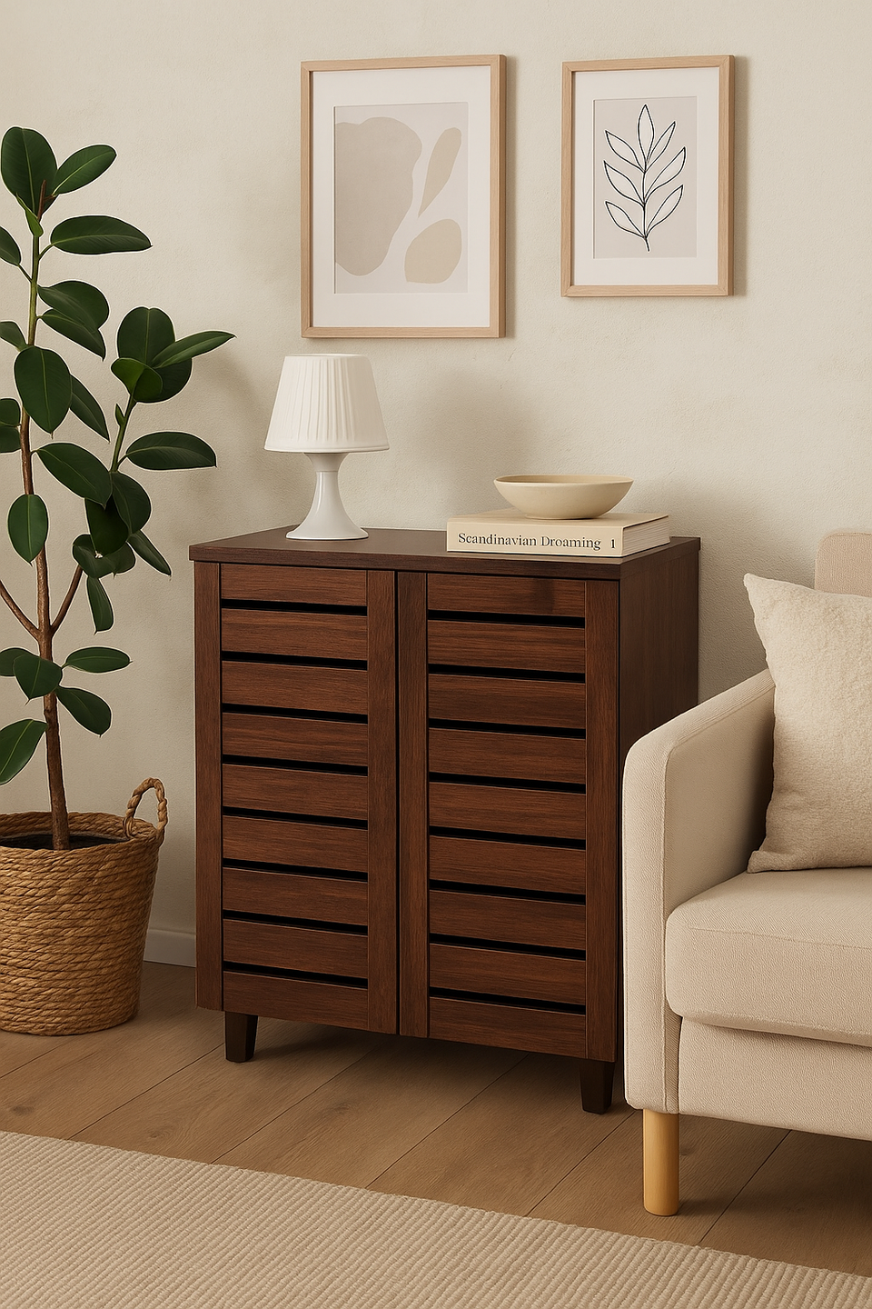 Dirty Oak 2-Door Shoe Cabinet – Stores Up to 10 Pairs with Fixed Shelves