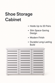 White 3-Door Shoe Cabinet – Stores Up to 20 Pairs with Fixed Shelves