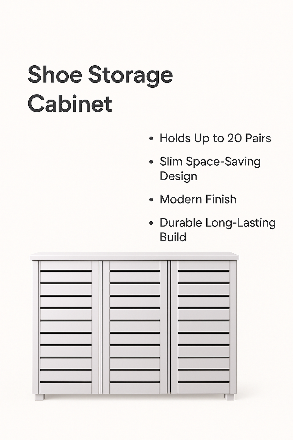 White 3-Door Shoe Cabinet – Stores Up to 20 Pairs with Fixed Shelves