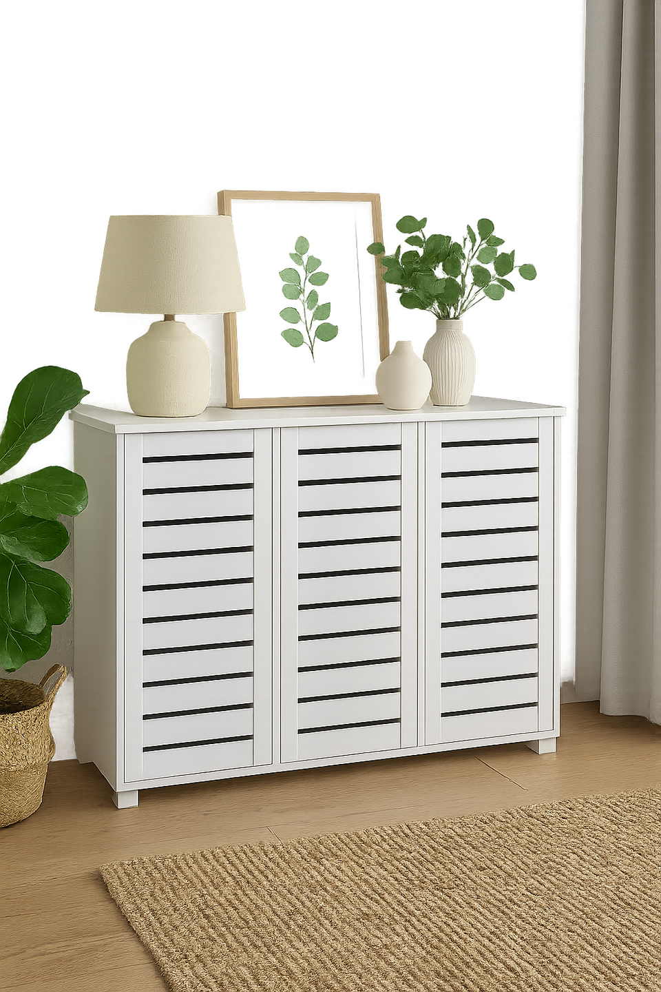 White 3-Door Shoe Cabinet – Stores Up to 20 Pairs with Fixed Shelves