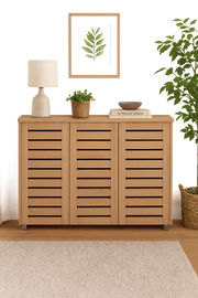 Lavish Kitchen Isle Sonoma Oak 3-door shoe cabinet with storage for up to 20 pairs, featuring a sleek wood finish and organized interior.