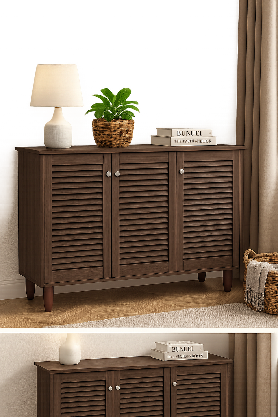Dark Oak 3-Door Shoe Cabinet – Stores Up to 15 Pairs