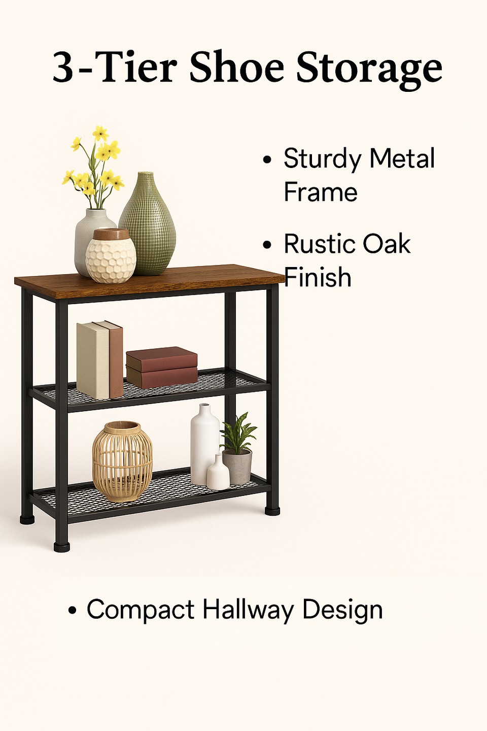 Rustic Wooden Shoe Rack Stand with Mesh Shelves – Holds 6–8 Pairs