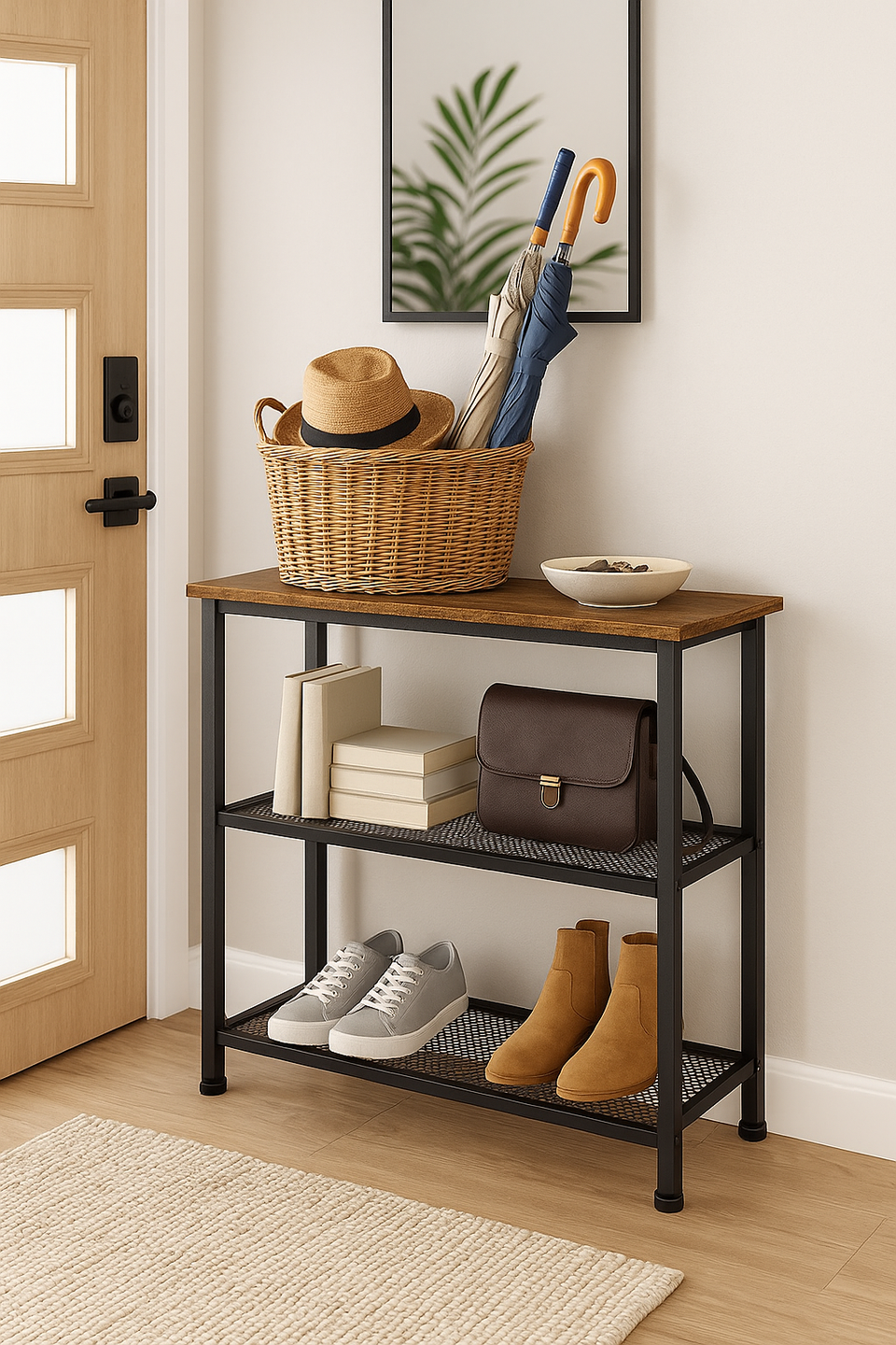 Rustic Wooden Shoe Rack Stand with Mesh Shelves – Holds 6–8 Pairs